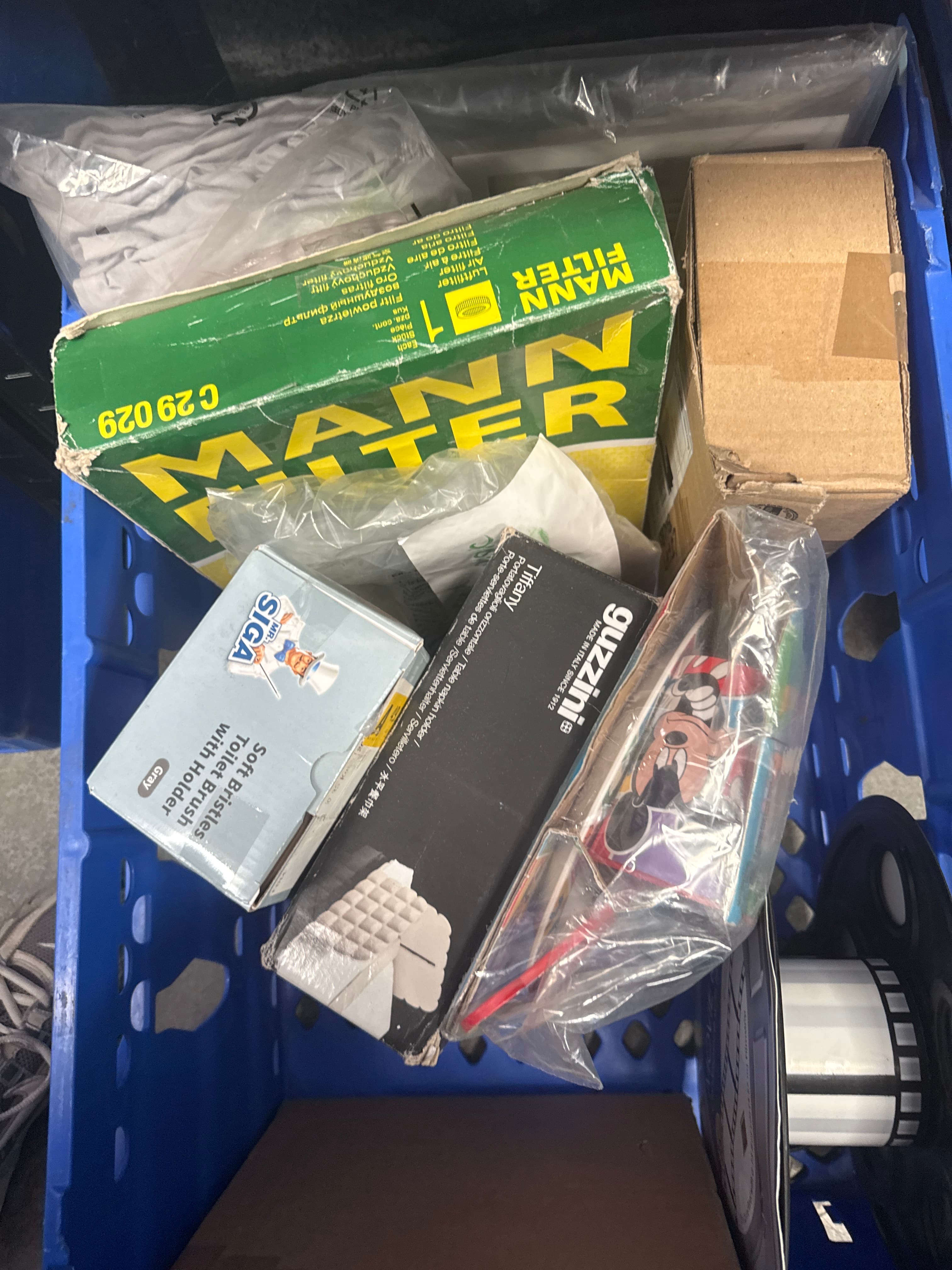 Car parts cleaning supplies and unopened boxes
